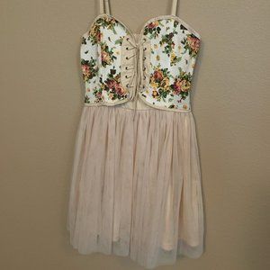 Nude Dress With Flower Print Corset Top - Small